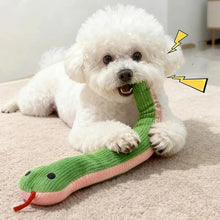 White dog chewing a green squeaky snake plush toy with ribbed fabric, pink underside and red tongue