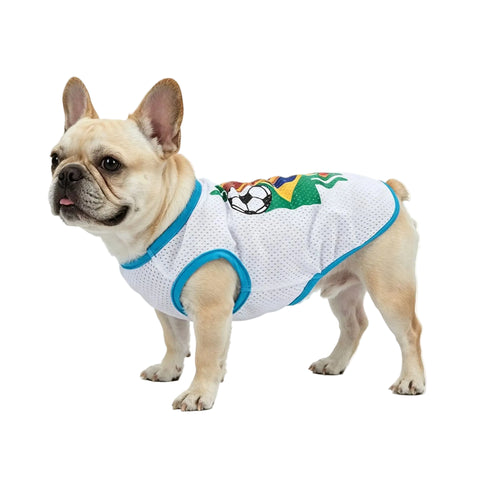 French Bulldog wearing a white mesh soccer-style dog jersey with blue trim and colourful football graphic