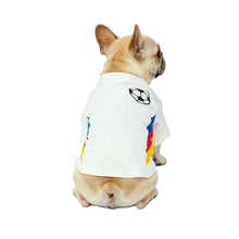 French Bulldog wearing a white soccer-style dog shirt with football graphic and colourful side stripes