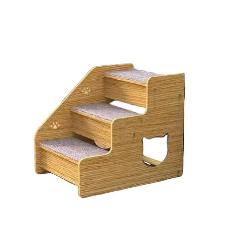 Wooden three-step pet stairs with scratch-resistant tread surfaces, paw-print details and a cat-shaped side cutout