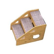 Wooden cat ramp stairs with three carpeted scratch steps, side cutouts and a compact pet climbing design