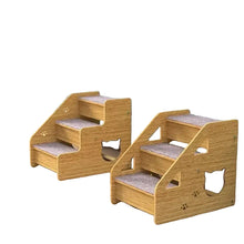 Two wooden three-step cat stairs with carpeted treads, paw-print details and cat-shaped side cutouts