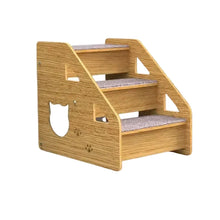 Wooden three-step cat stairs with carpeted treads, paw-print details and a cat-shaped side cutout