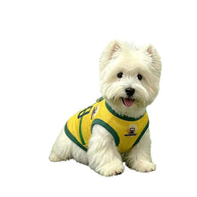 White Westie wearing a yellow and green Brazil-style soccer dog jersey