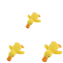 Yellow duck plush dog toy shown in three sizes on a white background, with textured fabric and an orange beak